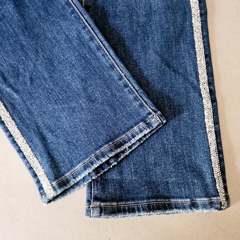 Risen High Rise Dark Wash Rhinestone Embellished Seam Straight Ankle Jeans 7/28 - Picture 11 of 13